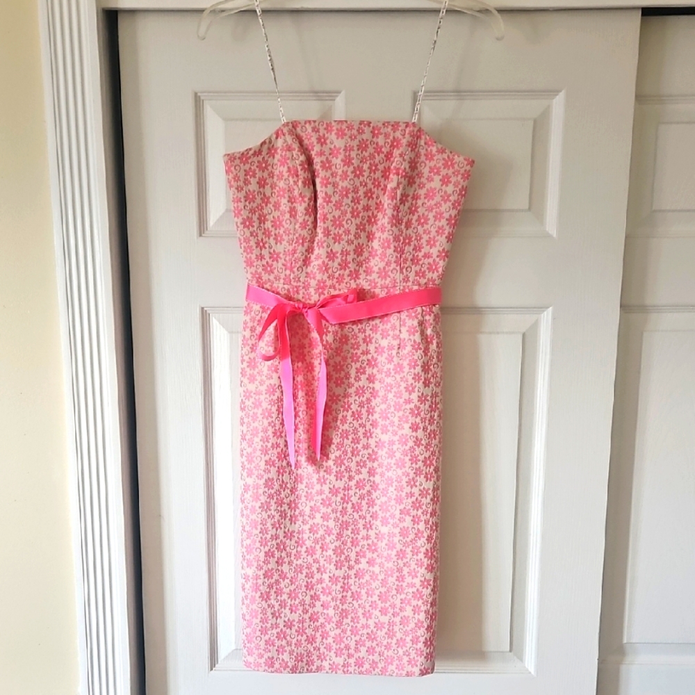 Pink Floral Strapless Dress with Ribbon
